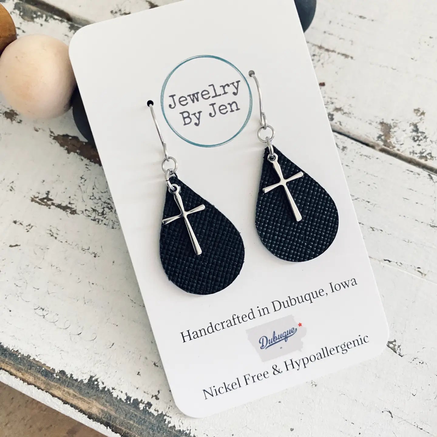 Small Teardrop Earrings: Black W/Cross Charm
