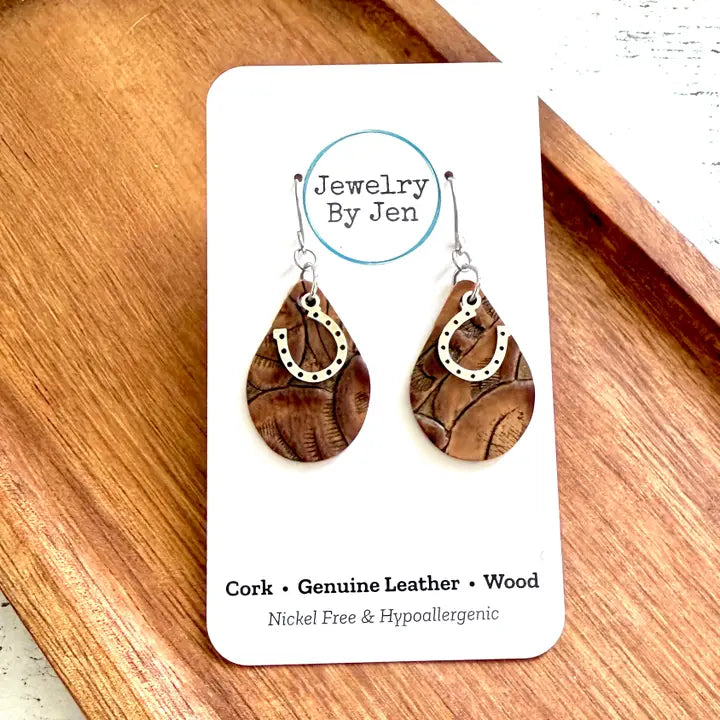Small Teardrop Earrings: Brown Tooled W/Horseshoe Charm