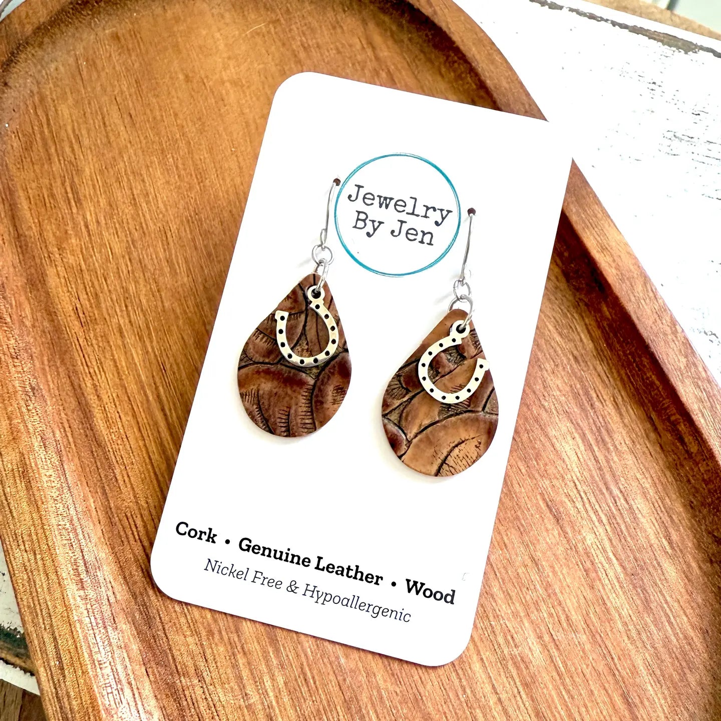 Small Teardrop Earrings: Brown Tooled W/Horseshoe Charm