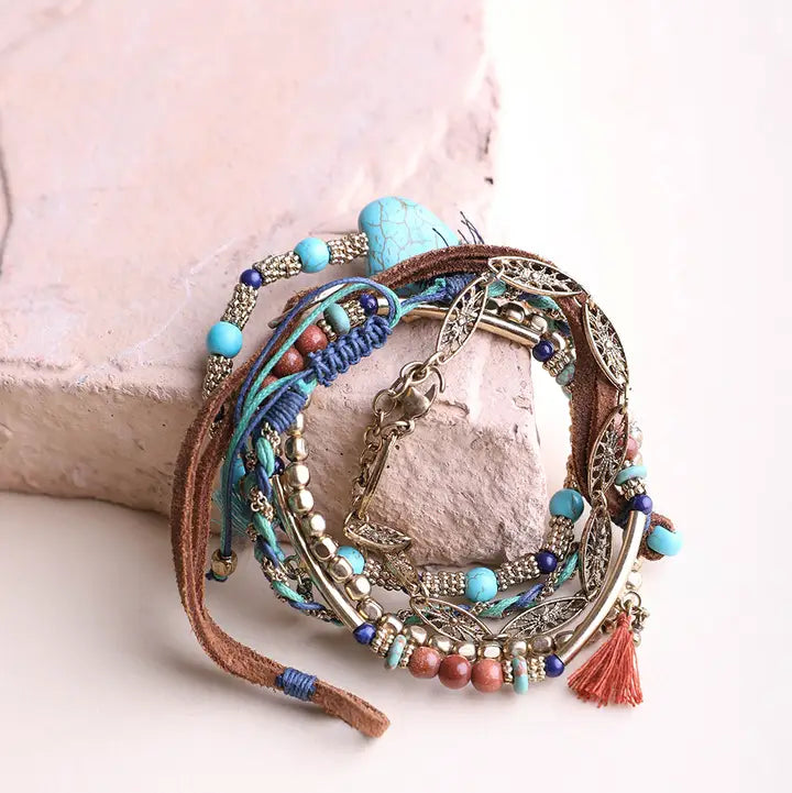 Turquoise Stackable Suede Bracelet - Beads & Natural Stone