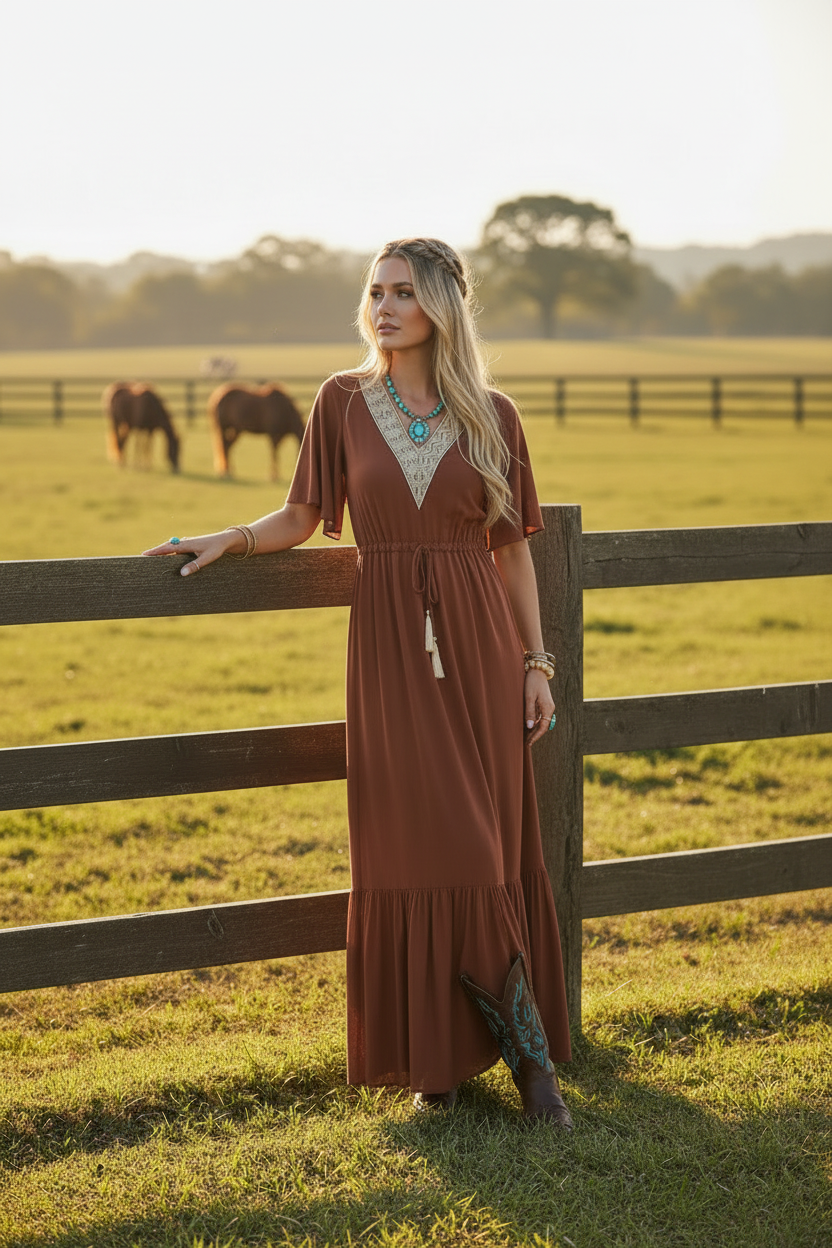 Blonde woman in terracotta boho maxi dress with braids, turquoise jewelry, and cowgirl boots at horse ranch