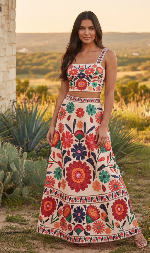 Brunette Hispanic woman in red floral crop top and skirt in Texas Hill Country