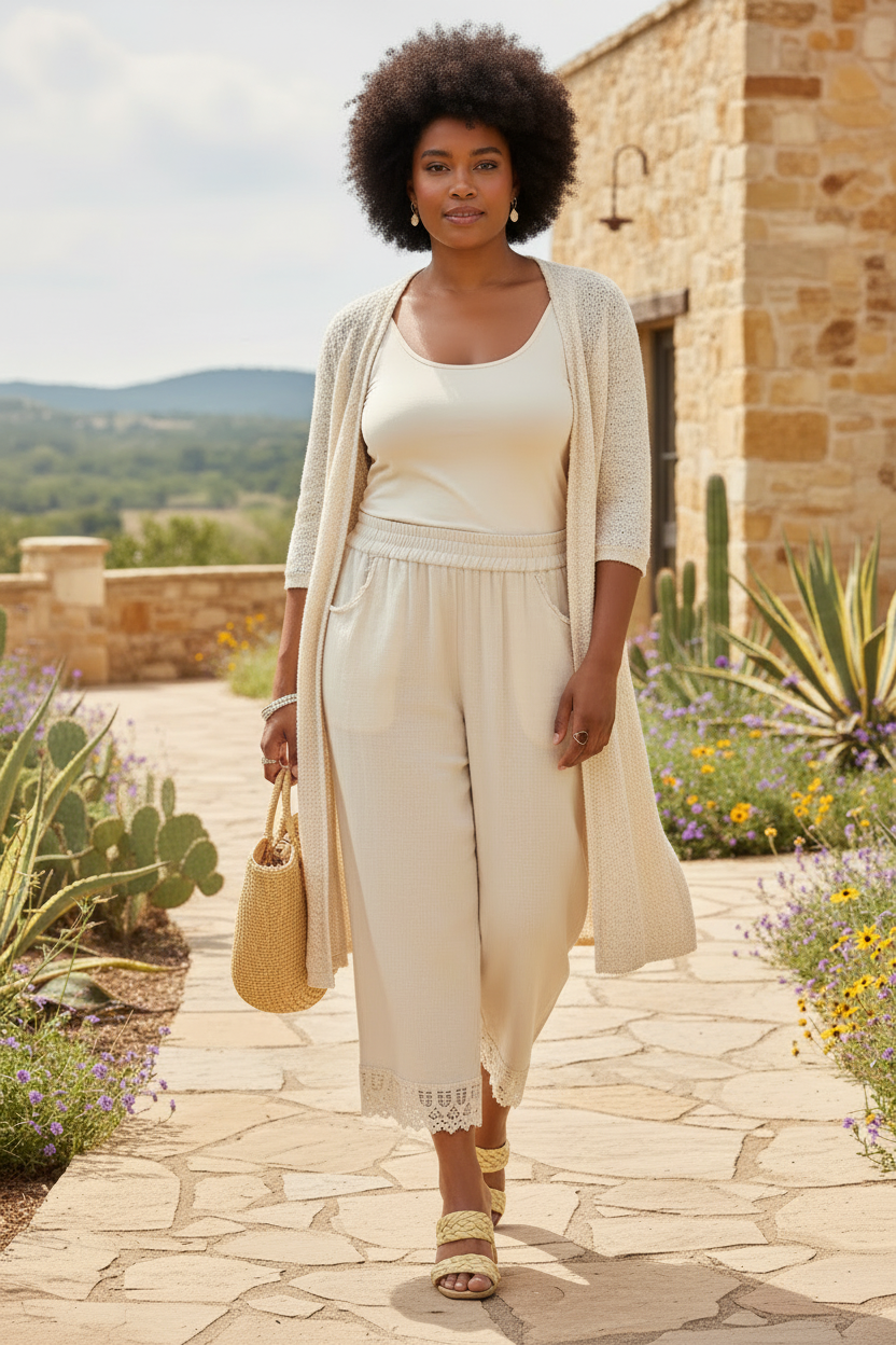 Black woman in oatmeal linen wide leg cropped pants with pink cardigan in Texas Hill Country