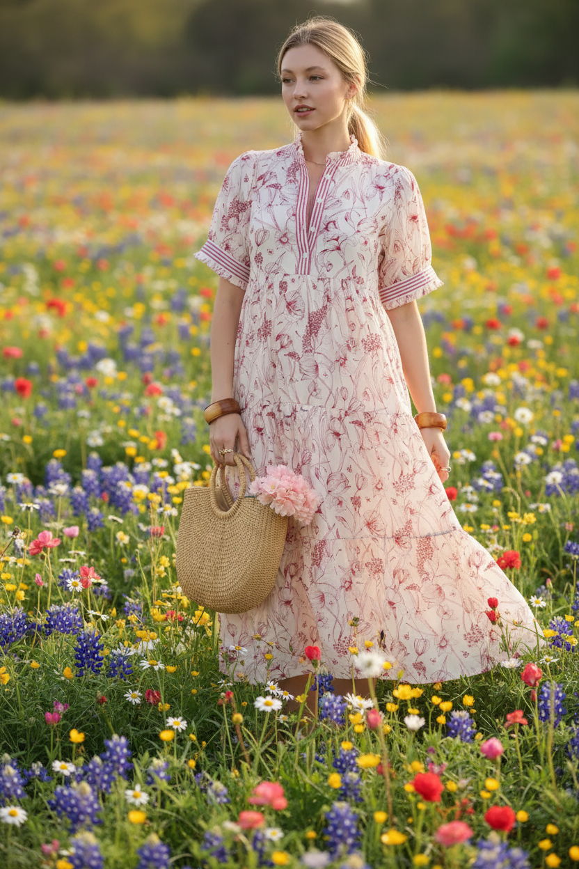 Blonde woman in red floral tiered midi dress standing in spring flower field