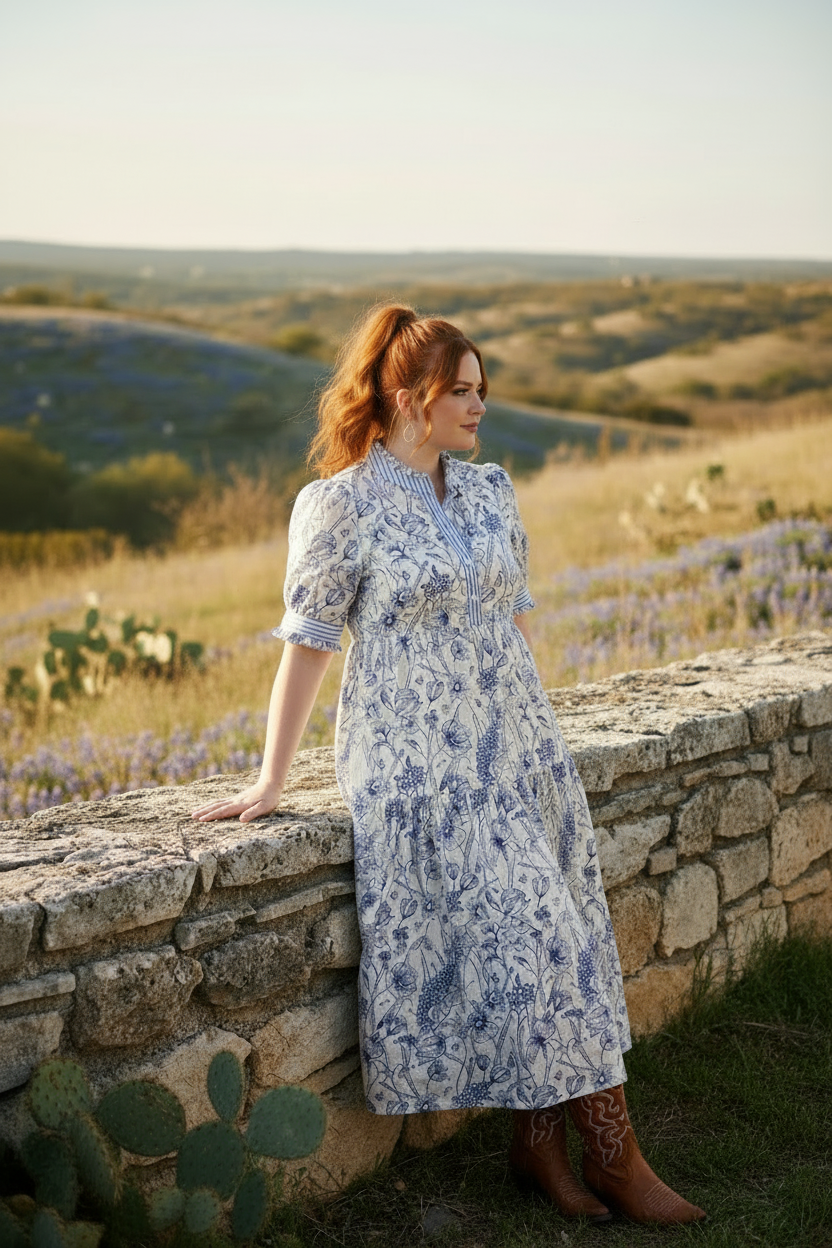 Red-headed woman in blue floral tiered midi dress with cowgirl boots in Texas Hill Country setting