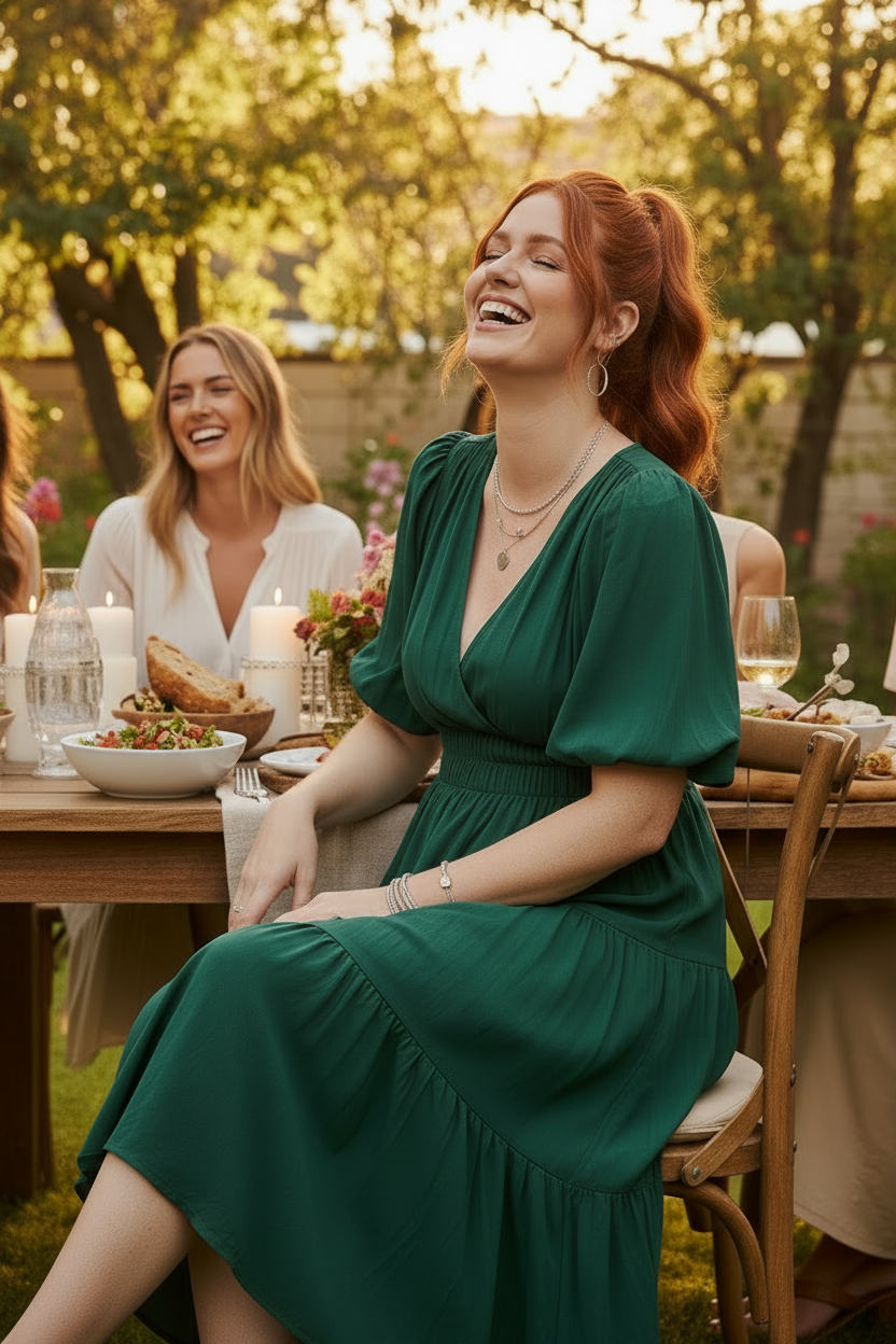 Curvy red-headed woman in dark green tiered surplice midi dress laughing at backyard dinner with friends