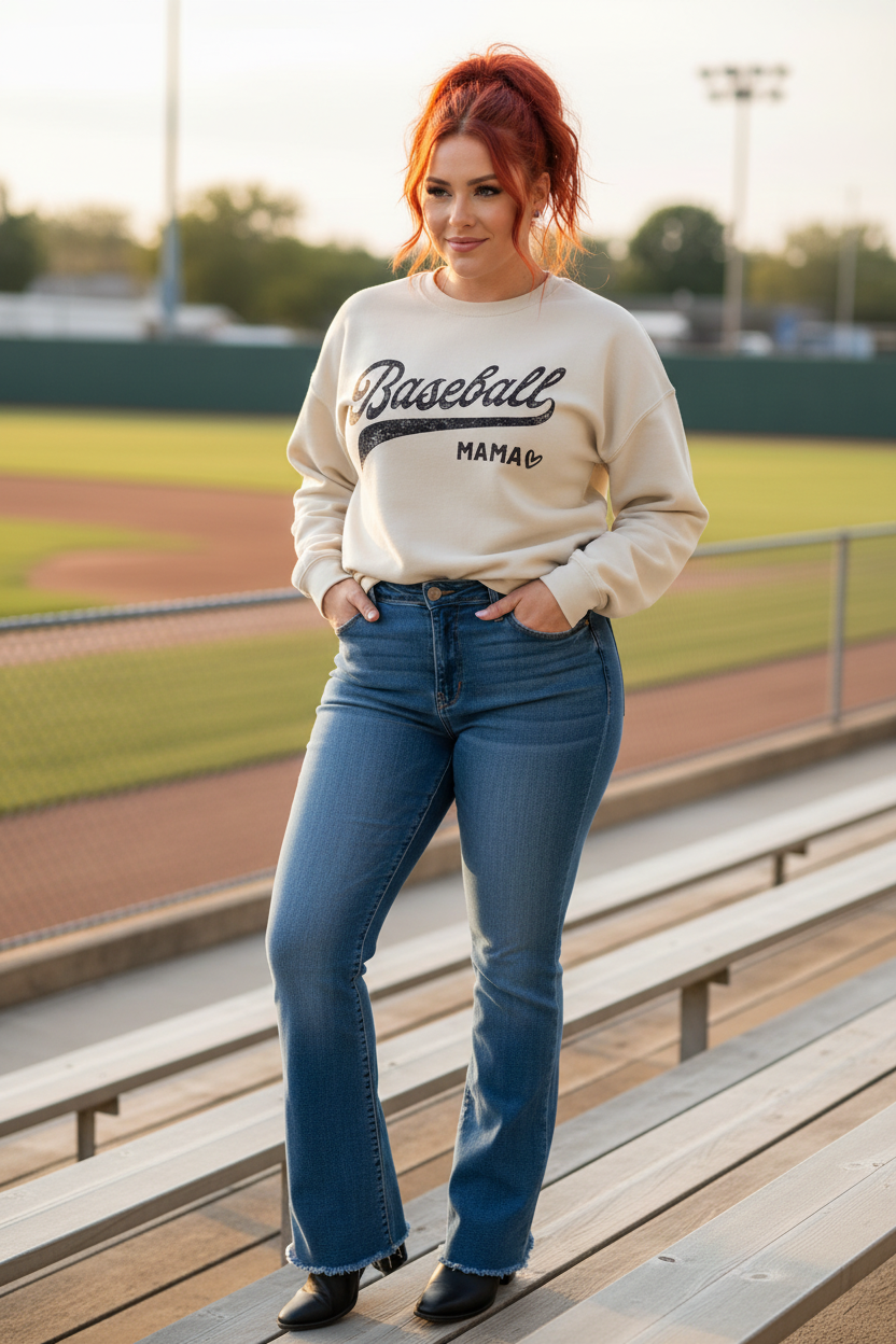 Red-headed woman in bootcut jeans and Baseball Mama sweatshirt standing in bleachers