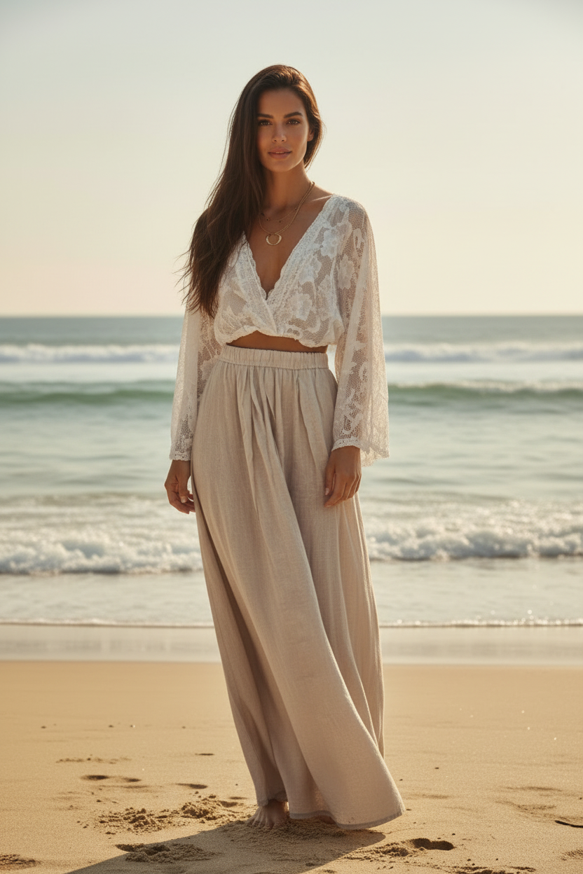Brunette Hispanic woman in white lace top and beige skirt on beach