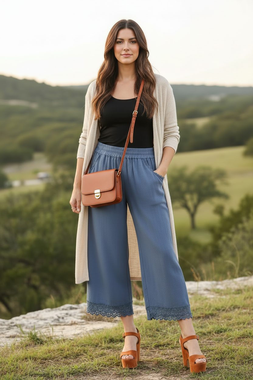 Brunette woman in linen wide leg cropped pants with cardigan in Texas Hill Country
