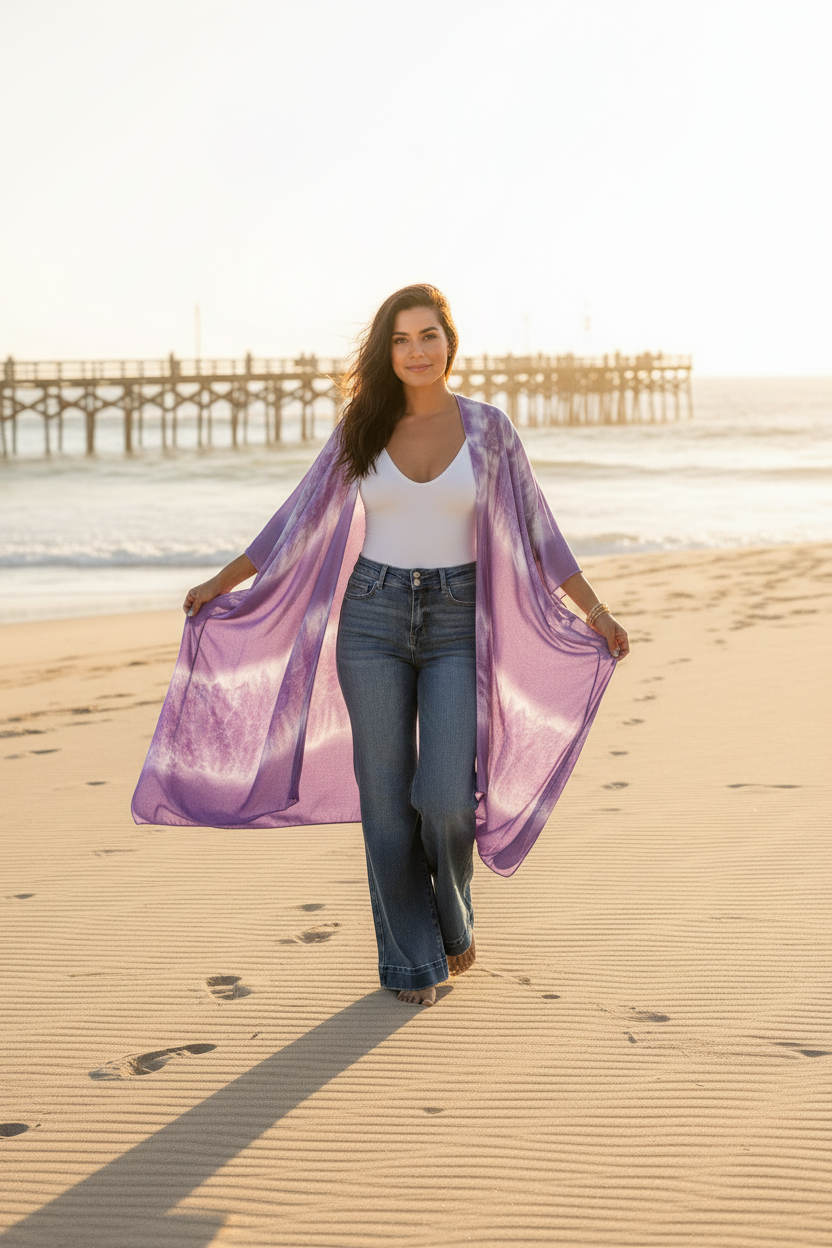 Lavender Tie-Dye Kimono - Pier Background