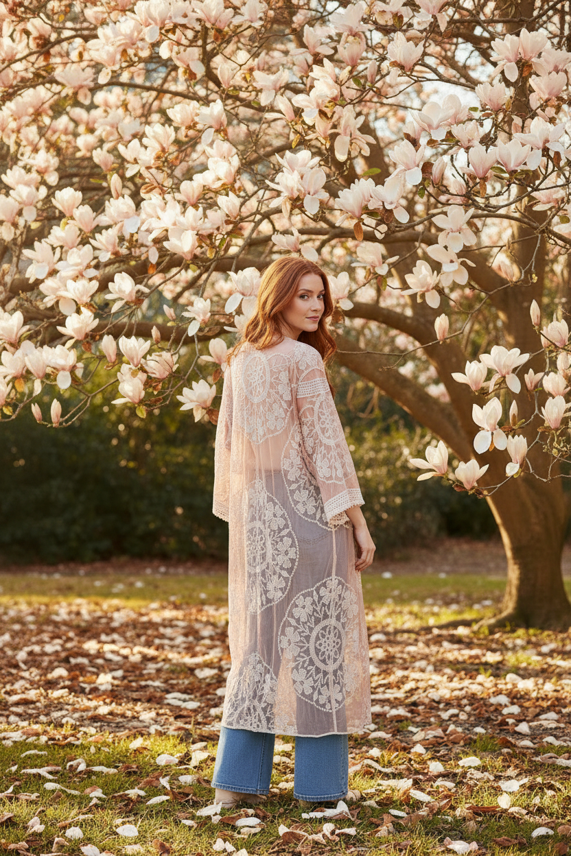 Lightweight Cotton Lace Kimono - full length