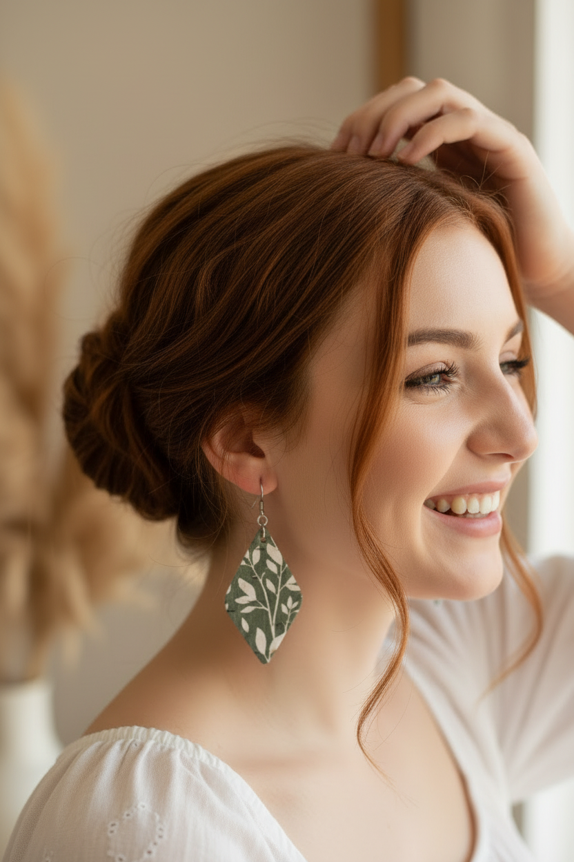 Lora Earrings: Green & White Willow - laughing and touching hair