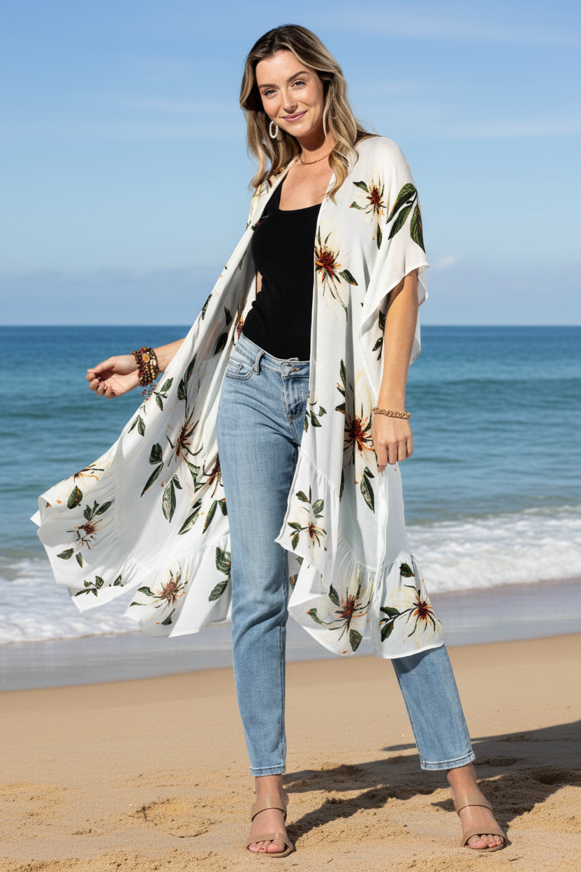 Magnolia Bloom Kimono - Beach Background