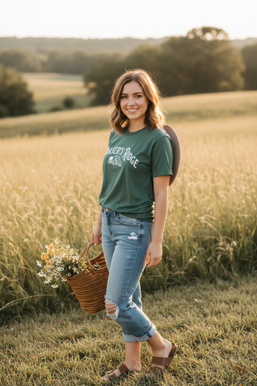 Model wearing Fraser's Ridge Tee