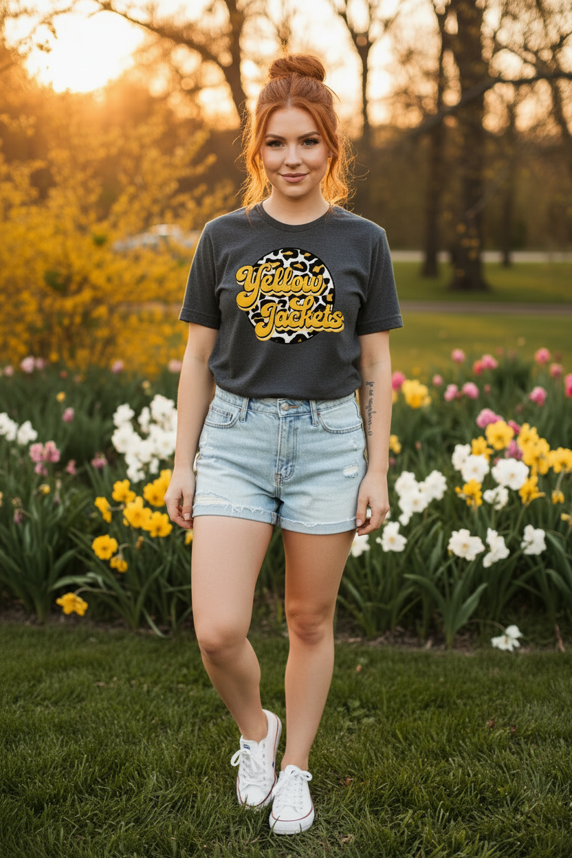 Red-headed model in Yellow Jackets T-Shirt - hair up, relaxed