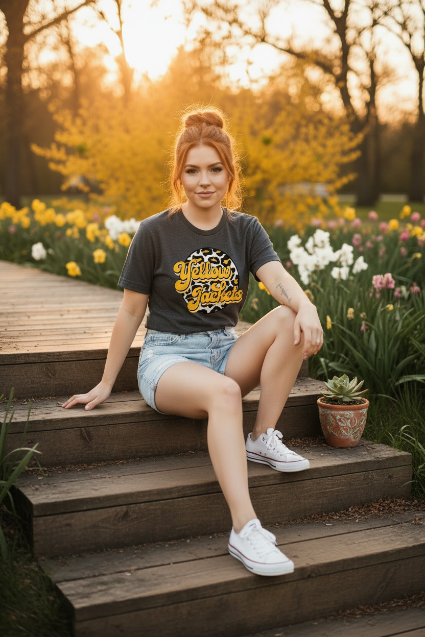Red-headed model in Yellow Jackets T-Shirt - sitting with rustic flair