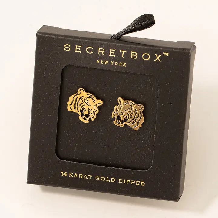 Gold Dipped Tiger Head Stud Earrings