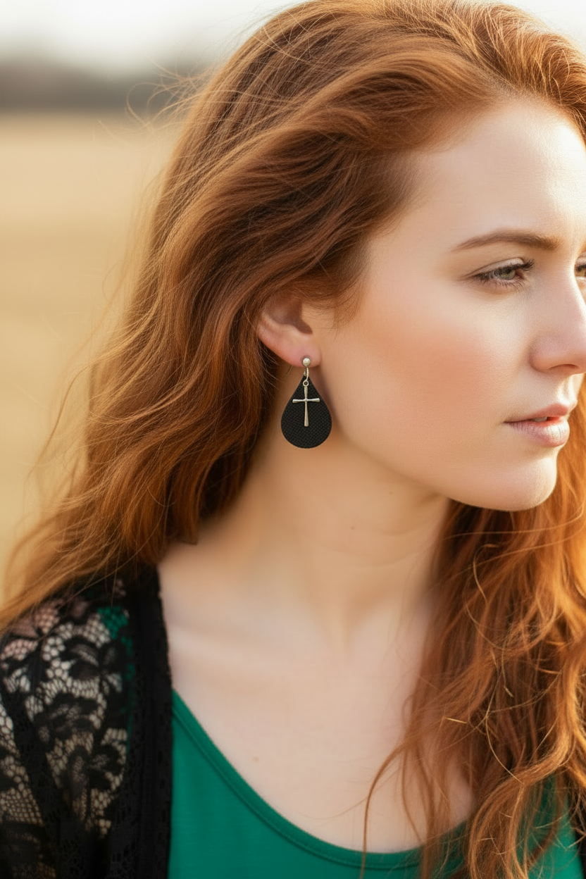 Small Teardrop Earrings: Black W/Cross Charm - minuscule size