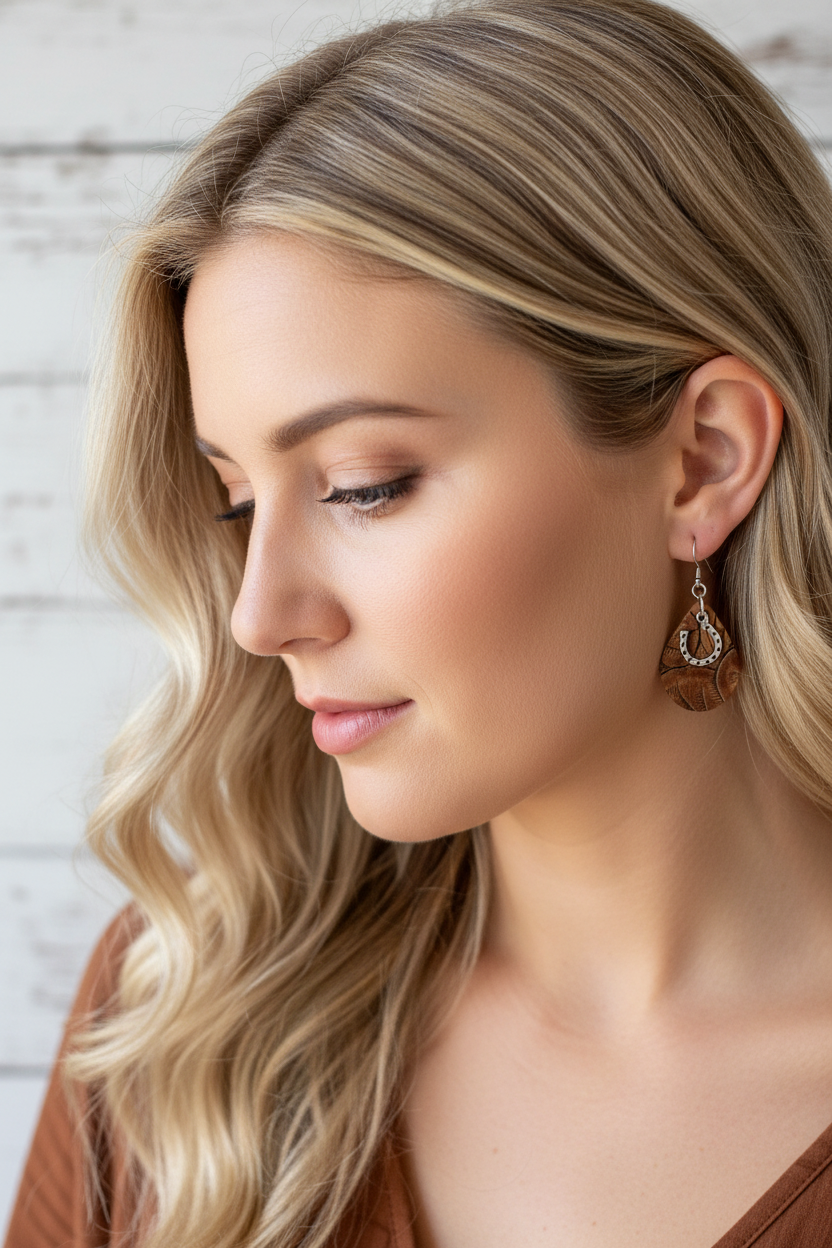 Small Teardrop Earrings: Brown Tooled W/Horseshoe Charm - realistic small scale