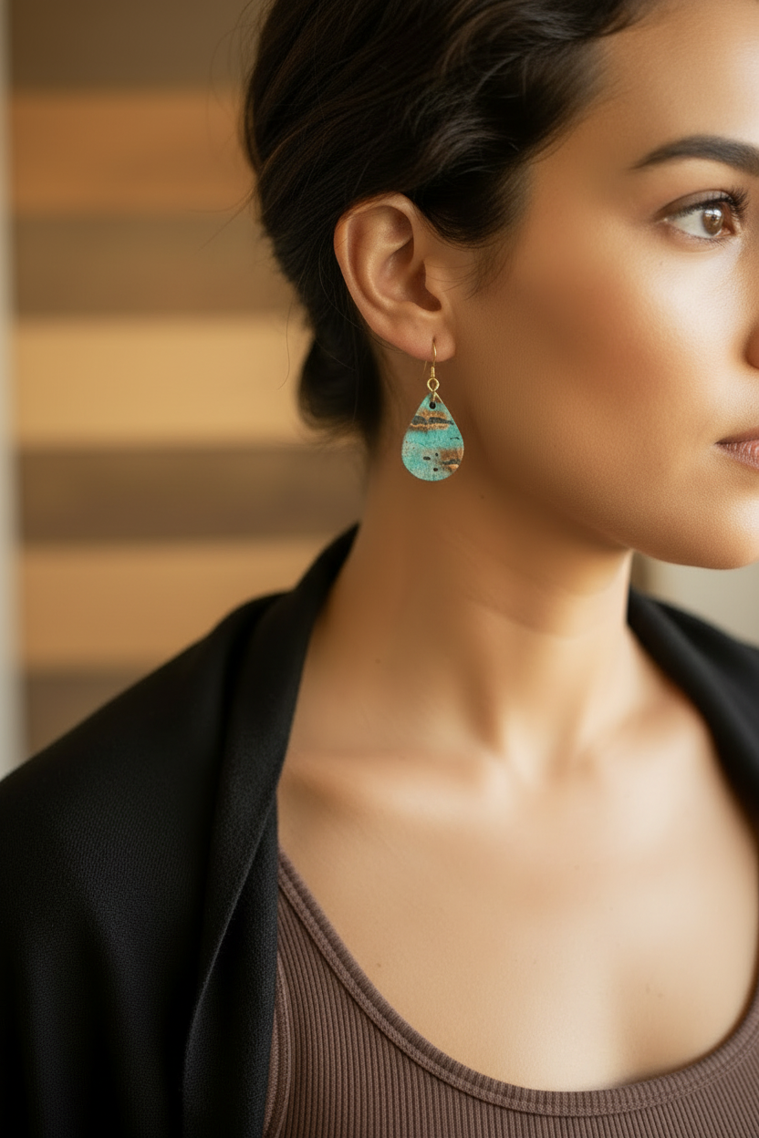Small Teardrop Earrings: Turquoise Wildwood - dark brown tank
