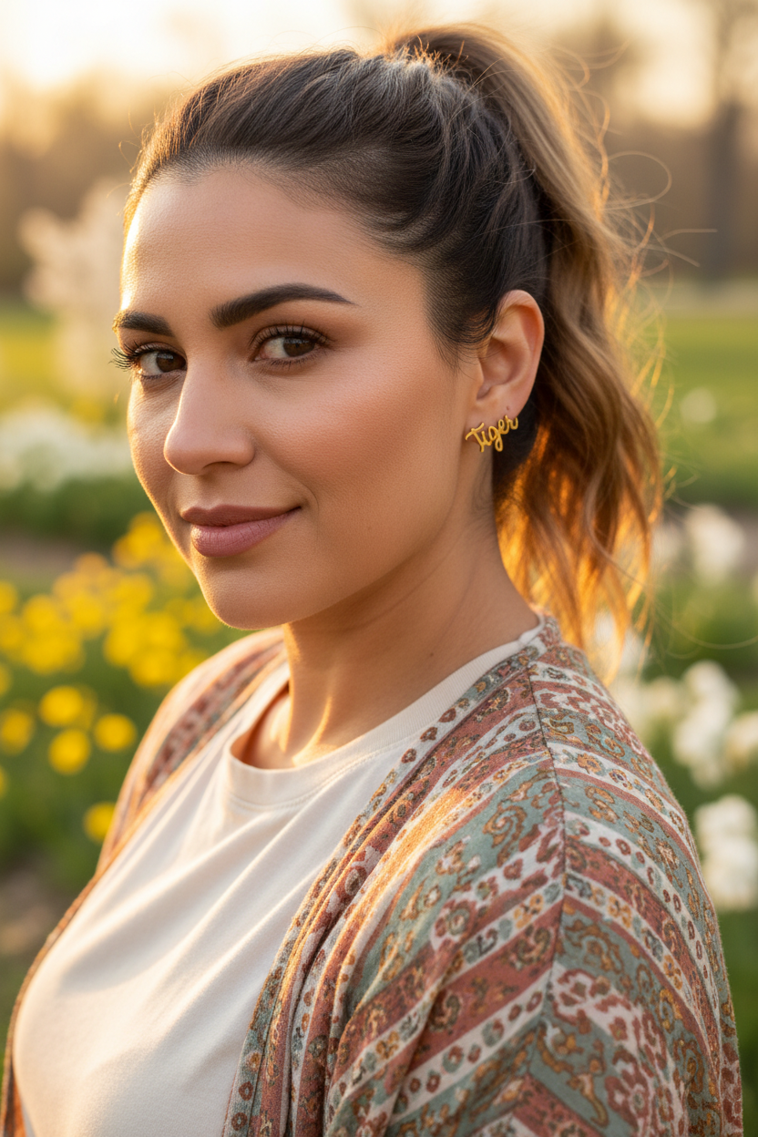 Tiger mom stud earrings with kimono - using product reference