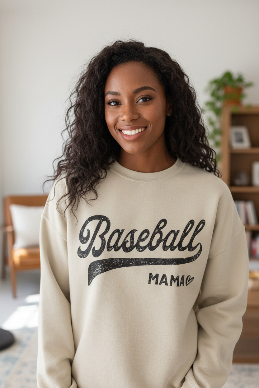 Woman with hair down wearing oat Baseball Mama sweatshirt