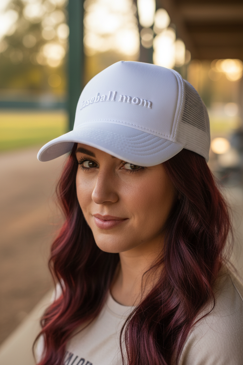 Woman with head tilted down toward camera wearing Baseball Mom hat